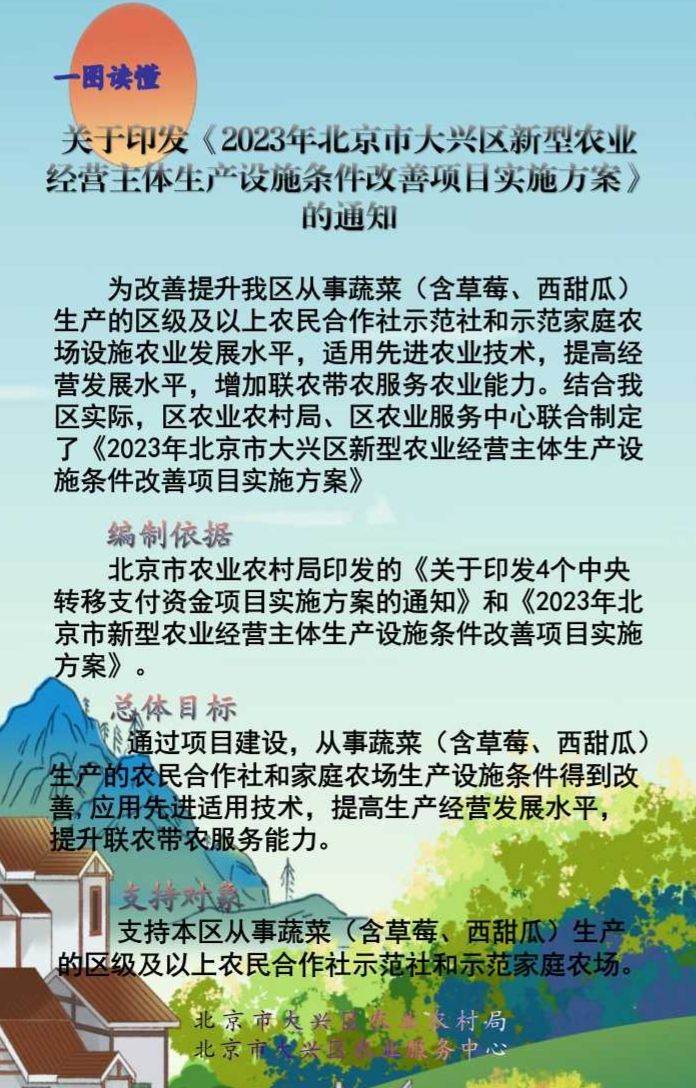 关于印发《2023年北京市大兴区新型农业经营主体生产设施条件改善项目实施方案》的通知-京兴政农发〔2023〕74号政策解读